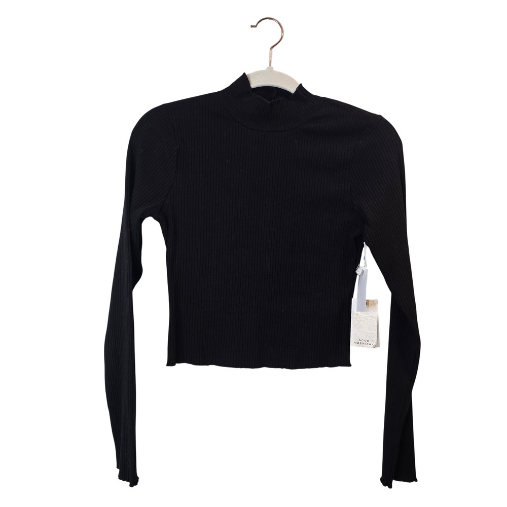 Good American Mock Neck Top Women 2 Medium Black NWT Ribbed Cropped Long Sleeve
